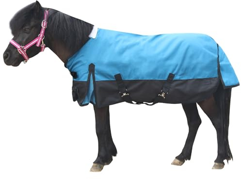 Mini couverture de sortie pour poulain poney Shetland – Imperméable 1200D léger 0g feuille de pluie pour cheval miniature âne et section A (sans remplissage) Bleu paon 99cm