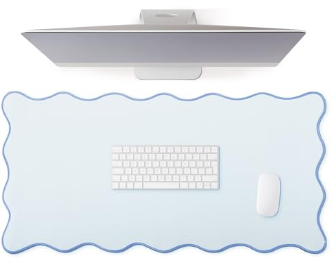 Hahafelt Scalloped Desk Mat Large Scalloped Piping Cute Desk Mat Aesthetic Preppy Table Pad Large Nonslip Pad with Edge Stitching Waterproof Gaming(Blue,31.5 x 15.8 Inches)