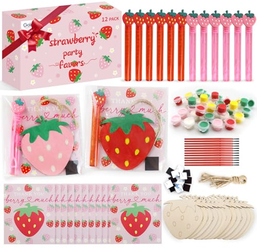 goldentime Strawberry Party Favors Kit - 12 Pack Wooden Painting Crafts with Bubbles, Cards, and Magnets for Strawberry Shortcake Party Decorations and Centerpieces