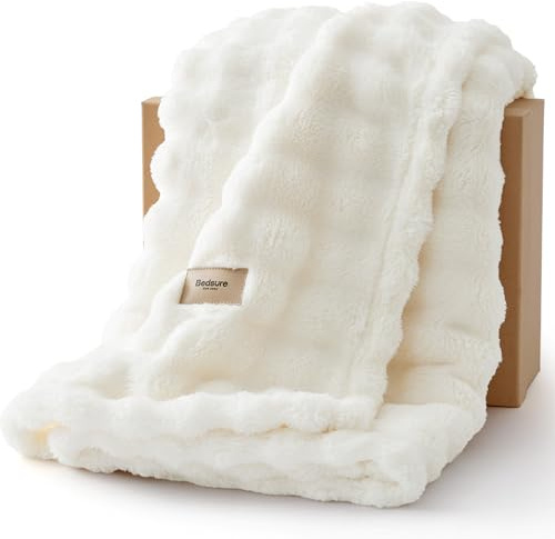 Bedsure Pläd mjuk bubbelfleece - filt, vit, 130 x 170 cm | Pläd soffa, varm sängfilt, presenter till kvinnor, dekorativ pläd för vardagsrum, sovrum, lätt överkast