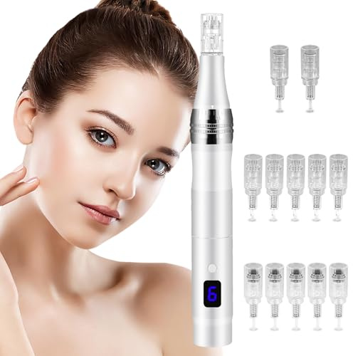 Vicloon Elettrico Dermapen Microneedling Professionale, Derma Penna con Schermo LCD e 6 Livelli incl. 12 pezzi Cartucce, Regolabile 0-2,5 mm (Argento)