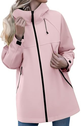 Generico Giacca Impermeabile Donna Giacca a Vento Donna con Cappuccio Trekking Giacche Trapuntata Jacket Tuta Leggero Giubbotto Montagna Antivento Curvy Giacchetto Abbigliamento 2#Rosa XXL