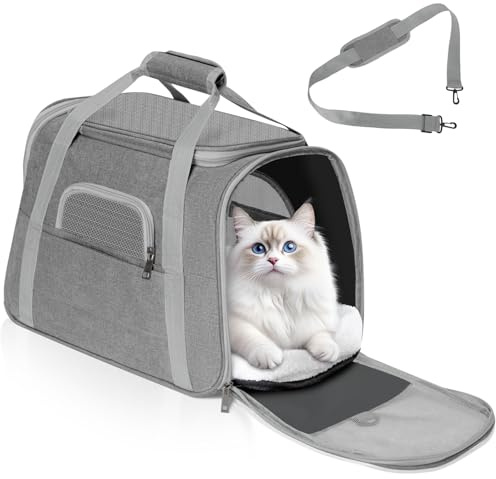 Romon Sac Transport Chat, Caisse de Transport Chat Chien Respirant et Pliable jusqu'à 6 kg, Panier Transport Cage, Transporteurs avec Matelas en Peluche, Boîte de Transports pour Chat et Chien, Gris
