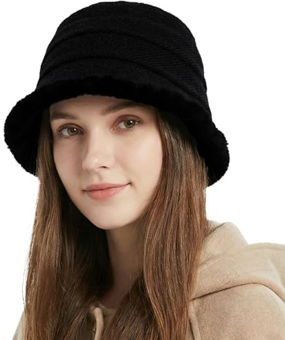 HIQIU Sombrero de campana vintage para mujer, sombrero de pescador cálido para invierno, plegable, forro polar, gorro de invierno para exteriores, senderismo, viajes, Negro , Talla única