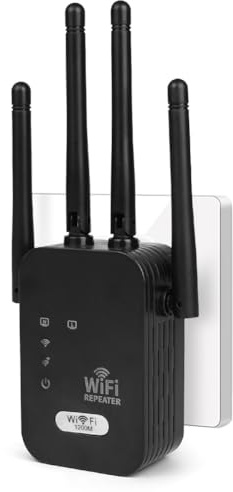 AOOSU Repetidor WiFi, AC1200 Amplificador Señal WiFi, Repetidor de Doble Banda 5 GHz y 2.4 GHz con 4 Antenas externas, Extensor Wi-Fi Cobertura más de 250 Metros para La Oficina, Hogar Negro
