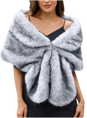 Women Faux Fur Shawl - Bridal Furry Cape Shawl, Ladies Elegant Winter Warm Wedding Wraps, Bridesmaids Shrug, Soft Plush Dress Wraps, Shawls Stoles, Tippet Evening Prom Shawls, Solid Color One Size