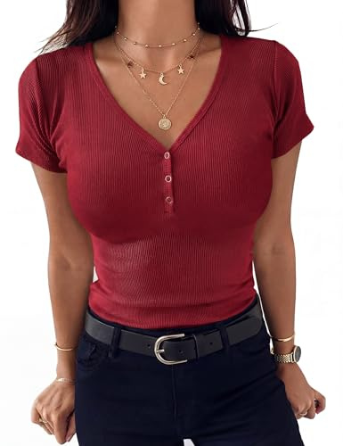 Aottori T-Shirt Donna Estive a Maniche Corte Maglietta Scollo a V con Bottoni Sexy Basic Shirt Aderente Elasticizzato Top a Coste Tinta Unita Rosso XL
