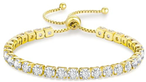 KRKC Adjustable Tennis Bracelet for Women, Cubic Zirconia, 14K White Gold Plated, Elegant Gift for Her, CZ Bracelet for Wife, Birthday & Mother's Day Jewelry with Gift Box (14K Gold, 5mm)