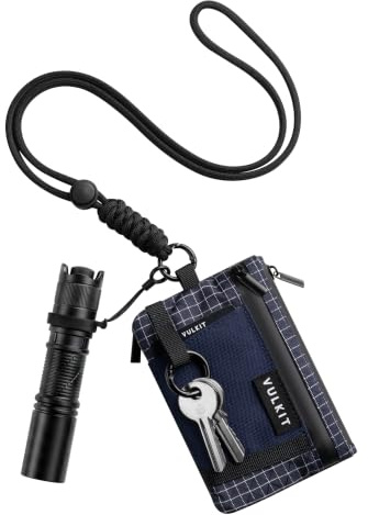 VULKIT Lanyard with Card Holder RFID Card Wallet for Men & Women Men's Wallets with Zip Coin Pocket Minimalist Nylon Travel Wallet with Key Ring Money Wallets for Cash, Indigo