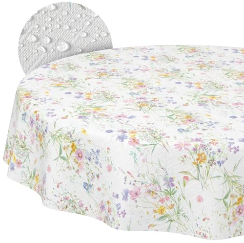 Mantel de Hule Lavable, fácil de Limpiar, Impermeable, Efecto Loto, Exterior, Primavera, jardín, Flores, Redondo, 120 cm, Borde de Corte