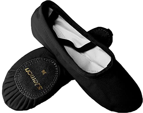 s.lemon Zapatillas de Ballet,Lona Suela Partida Principiantes Danza Zapatos Ballet Zapatos para Niños Adulto | Zapatillas de bailarina de baile con suela dividida para mujer con banda elástica