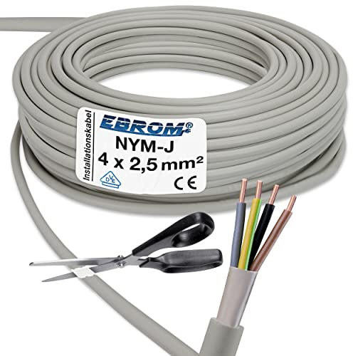 EBROM NYM-J 4 x 2,5 mm² - Câble gainé - Câble d'installation - Câble pour pièces humides - Gris - Sélection par incréments de 1 mètre - Vendu au mètre exact - Votre sélection : NYM-J 4 x 2,5 mm² 10