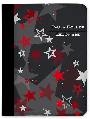 CreaDesign Customize A4 Zeugnismappe für Kinder - 26.7 x 32.7 x 1 cm, erweiterbar auf bis zu 20 Fächer, Sichtbuch ohne Klarsichthüllen, Rot Sterne Design, Dokumentenmappe für Schüler