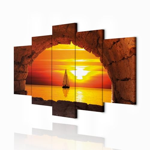 decomonkey Cuadro Lienzo Paisaje 100x50 cm 5 piezas Impresión Decoración Cuadro De Pared Material Tejido no Tejido Gráfica Foto Salon Mar Barco Puesta de Sol
