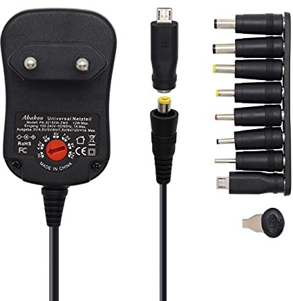 Abakoo 3-12V Universal Netzteil für 3V 4.5V 5V 6V 7.5V 9V 12V 1A Ladegerät für USB MP3-Players Radios Tablets Elektronik Geräte - max 12W / 1000mA, mit 8 Stecker DC