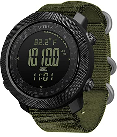 AVTREK Men's Digital Sport Watch - Army Military Compass, Altimeter, Barometer, Pedometer, Waterproof, Green