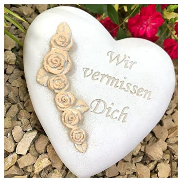 Radami XXL Grabherz Spruch Grabschmuck Grab Herz - Wir vermissen Dich - ca.1200g Rosenranke Sand
