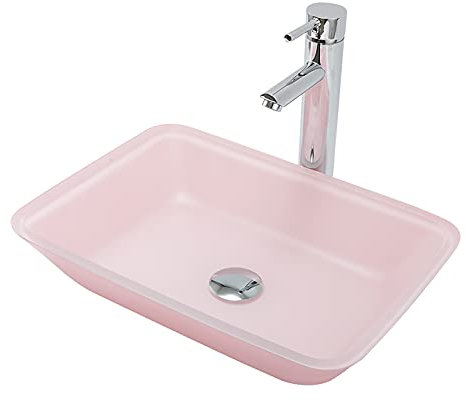 SHUGUANG Lavandino in Vetro Temperato, Rettangolare Lavabo da Appoggio ​in Vetro Temperato Opaco Lavabo da Bagno Artistico Lavabo da Appoggio con Rubinetto Ottone Cromato, 460×330×110mm,Rosa