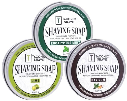 Taconic Shave Barbershop kvalitet raktvål för män och kvinnor med rika fröoljor mot oxider – fuktgivande raktvål för alla hudtyper (paket med variationspaket – lime, eucaluptus mynt & bay rum)