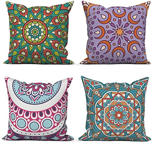 ASDCXZ Örngott boho 40 x 40 cm set om 4, boho Datura blomma textur mönster grön lila soffa dekorativa prydnad kuddar örngott tvättbar polyester lin textil stoppning