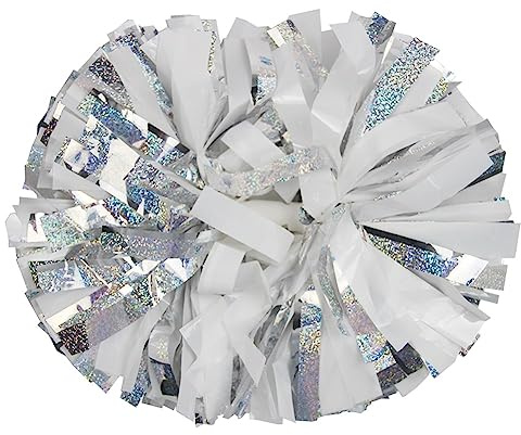 Lovecheer 2PCS Silver and White Pom Poms Cheerleading with Holographic Spots Shiny Cheer Pompoms for Dance Show in Football Hockey Basketball Sport Game Wedding Party