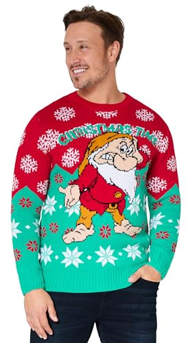 Disney Men's Warm Winter Jumper Christmas Jumper – Gift for Men and Teens, Red/Teal Grumpy, M