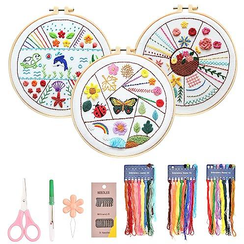 dentedeleao Set da Ricamo 3 Kit da Ricamo per Principianti, Starter Kit Ricamo per Adulti Bambini con Motivi e Istruzioni, Telaio, Fili Colorati, Tessuti Ricamati, Kit Punto Croce, per Fai Da Te