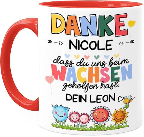 Tassenliebling® Erzieherin Tasse 1-25 Kinder personalisiert - Danke dass du uns beim Wachsen geholfen hast - Rot - Abschiedsgeschenk Kindergarten Tagesmutter Kita Erzieher Geschenk