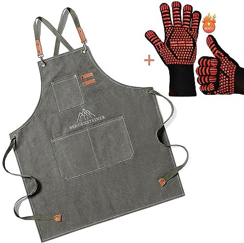 Bergensteiner® Grillschürze für Männer aus 100% Baumwolle | Premium Qualität, sehr robust | Küchenschürze, BBQ Schürze für Grill | Kochschürze Herren | inkl. Premium Grillhandschuhe (Grau)