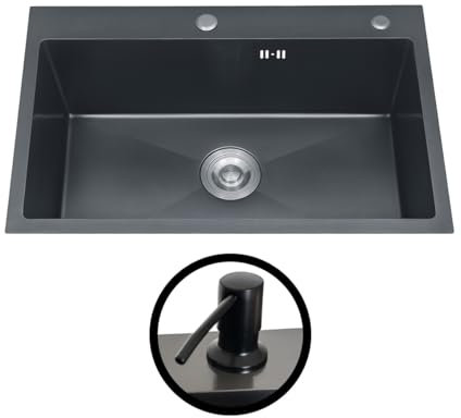 Inguz Erik Évier de cuisine 1 bac 68 x 45 cm, grand évier noir sur plan de travail avec distributeur de savon, siphon, trop-plein et bonde (Noir)