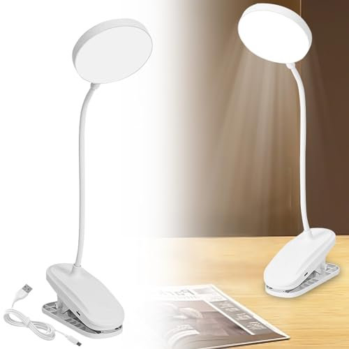 Leselampe Bett, Augenschutz Klemmlampe mit 3 Farbe und 3 Helligkeit, 360°Weiß Flexibel LED Klemmleuchte Schwanenhals, USB Wiederaufladbar Touch-Dimmen klemmleuchten für Studieren Arbeiten