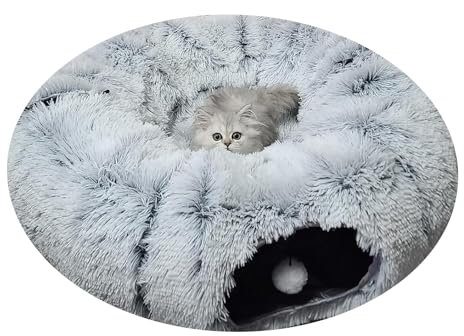 Pawtenda Katzentunnel für Indoor-Katzen, Plüsch-Katzentunnelbett, Katzenspiel-Donut-Bett, multifunktionales Katzenspielzeug zum Entspannen