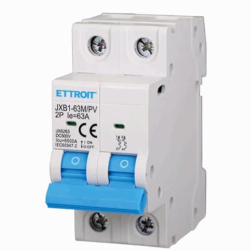 ZOREI Interruttore Magnetotermico Fotovoltaico, 2P DC 500V 6KA, Occupa 2 Moduli DIN, MCB DC 2P C63 63A