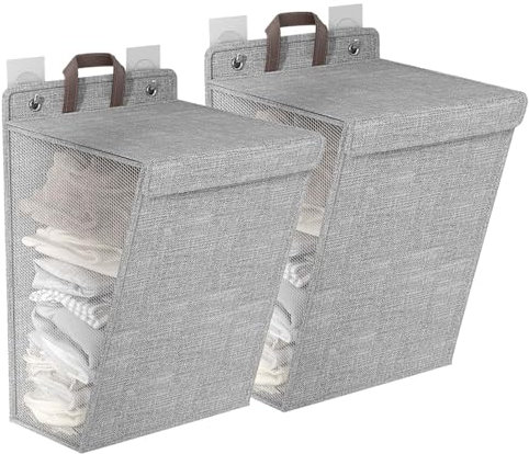 2 Pièces Panier Linge Sale avec Couvercle & Poignées, 60L Panier à Linge avec 4 Crochets Adhésifs Non Marquants, Bac a Linge Suspendu pour Maison Vêtements Rangement