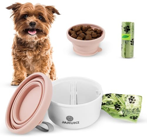 JARUKI® Bebedero y Comedero Perro Plegable +Rollo Bolsas| Comedero Portátil Perro 2 Compartimentos para Comida y Bolsas | Ideal Paseos y Excursiones | Silicona Segura y Resistente al Agua (Rosa)