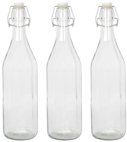 Argon Tableware 1.1 Litre Glass Bottles with Swing Top - Clear - 3x Reusable Empty Water Wine Milk Olive Oil Juice Gin Home Brew Brewing Drinking Fridge Dispenser Storage Jars with Stopper Lid