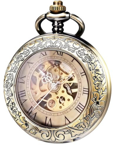 Kchss Mechanical Pocket Watch, for Men Women Special Magnifier Half Hunter Engraved Case Luxury Wooden Box with Chain Bronze