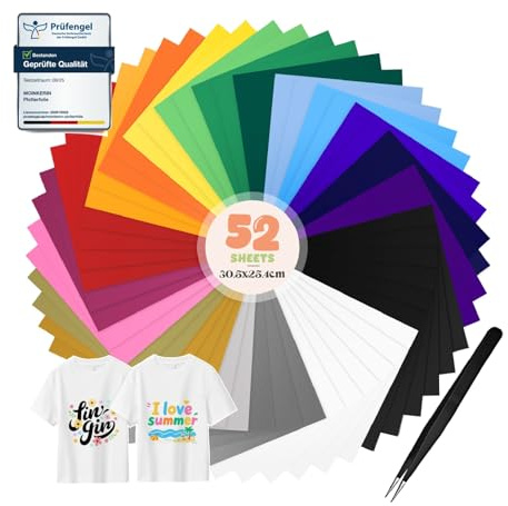 moinkerin 52 Feuilles Vinyle de Transfert de Chaleur avec Pince 30.5x25.4cm Vinyl Thermocollant Textile pour Tissu,Toutes Machines de Découpe,T-Shirts,Vêtements,Chapeaux (20 Couleurs)