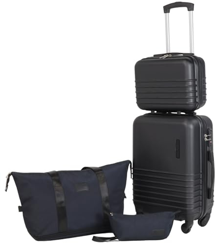 Fergana ABS, 20-Inch Carry-On Suitcase Set – Lightweight Hard Shell Cabin Luggage with Travel Duffel, Vanity Case & Toiletry Bag, Double Spinner Wheels, TSA Lock. (Black)