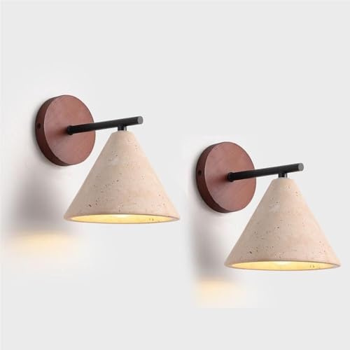 Indoor Outdoor Wall Sconce Modern Travertine Downlight with Natural Yellow Stone Cone Shade and Wood Base Hardwired E27 Socket Light Fixture for Patio Entryway Bedroom Study Ambient T-155(2 Packs)