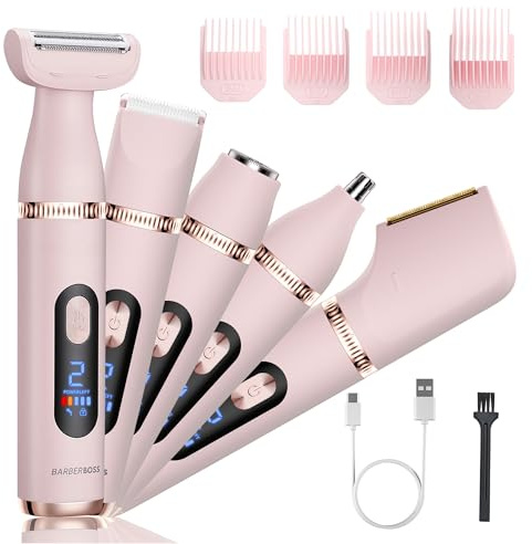 BarberBoss 5-in-1 Women’s Electric Shaver, Dual-Speed Trimmer with LED Display, 4 Guide Combs & USB-Rechargeable, Face, Body, Bikini and Detail Trimmer for Women, Nose & Ear Groomer, QR-8051