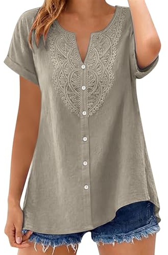 Haut Femme Chic et Elegant Lin, Dentelle Manches Courtes Col V Teinte Unie Boutonnée Décontracté Chemisier Coton Lin Femme Été Chemise Respirant Ample Blouse Tops pour Usage Quotidien et Fête