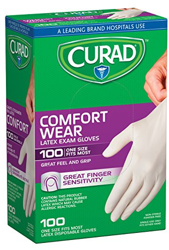 Curad Comfort Wear Latex Exam Gloves, Powder-Free, One Size Fits Most, 100 count