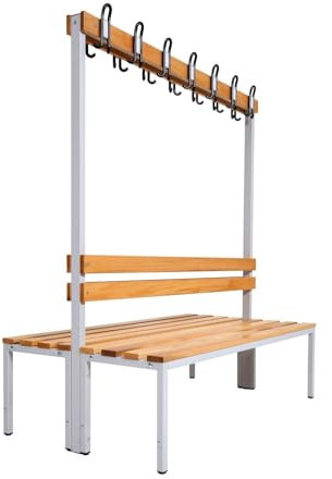 furni24 Umkleidesitzbank mit Stahlrahmen, Garderobenbank Sportraum Bank für Fitnessstudio Buche Echtholz, lackierter, Hakenleiste und TÜV/GS getestet - 150 cm Doppelseitige - Grau