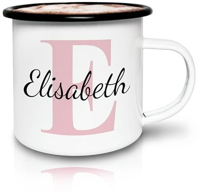 LOOXIS Personalisierte Emaille-Tasse mit Namen Bedruckt – 300 ml, Stahlemaille, Retro-Look, Kalligraphie, Metall-Becher – Geschenkidee Männer, Frauen, Camping, Trekking, Outdoor – Rosa
