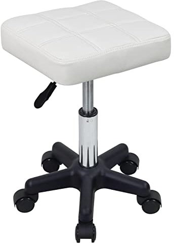 FURWOO Quadratischer Drehhocker mit Rädern PU Leahter Rollhocker Höhenverstellbarer Hocker für Spa Salon Massage Weiß