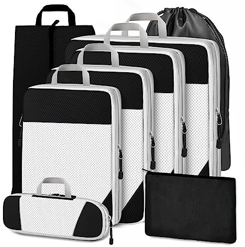 Cinnani Koffer Organizer Set, 8-Teilig Compression Packing Cubes, Packtaschen mit Kompression Packwürfel, Reise Kleidertaschen für Rucksack und Koffer, Kofferorganizer für Kleidung Unterwäsche Schuhe