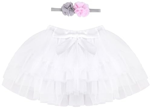 Bébé Tout-Petit Enfant Fille Tutu Jupe Princesse Mini Jupe Super Doux Tulle Jupe Taille Élastique Ballet Jupe avec Protège-Couche + Bandeau 1-2 Ans Mois, Blanc L