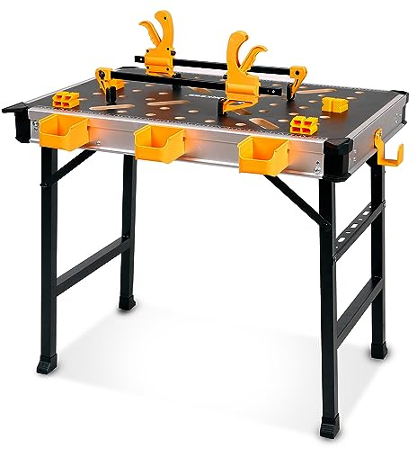 WORKESS Portable Workbench 1000Lbs Capacity Heavy Duty Folding Work Table with 2 Quick Clamps, 4 Bench Dogs, 3 Tool Boxes for Garage Easy Storage