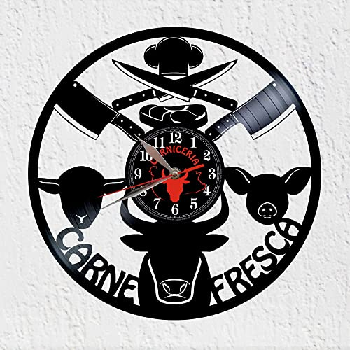 VINY WOODY Carne Fresca Reloj de Pared Disco de Vinilo Carniceria Charcuteria Decoracion de Pared